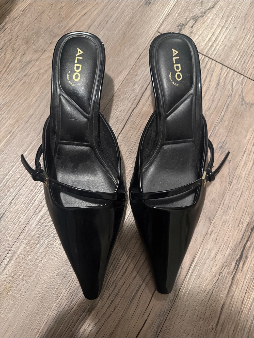 Aldo Black Patent Pointed Mule Slides with Slim Strap